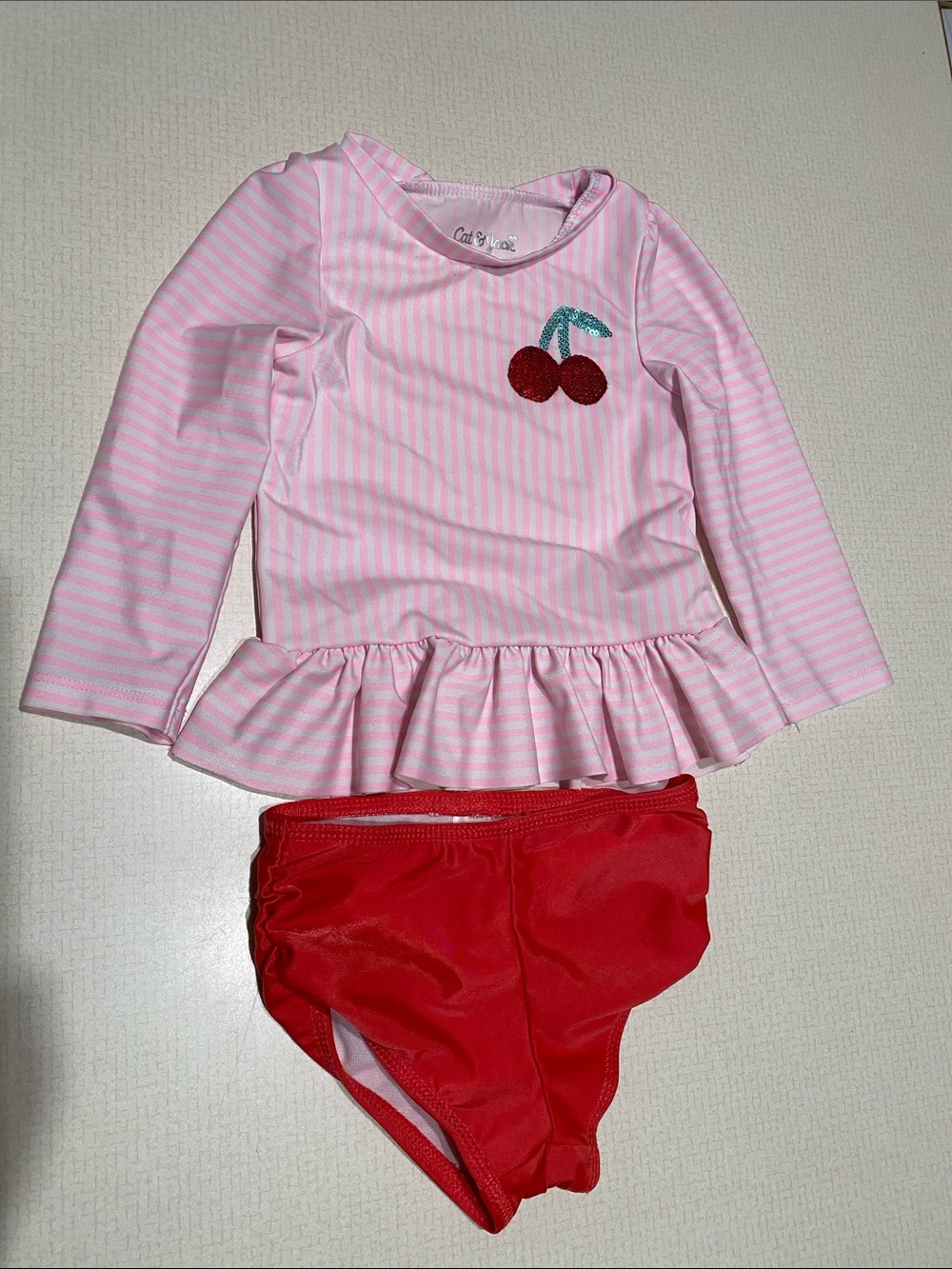 Cat & Jack Pink Striped Peplum Rashguard with Red Bikini Bottoms